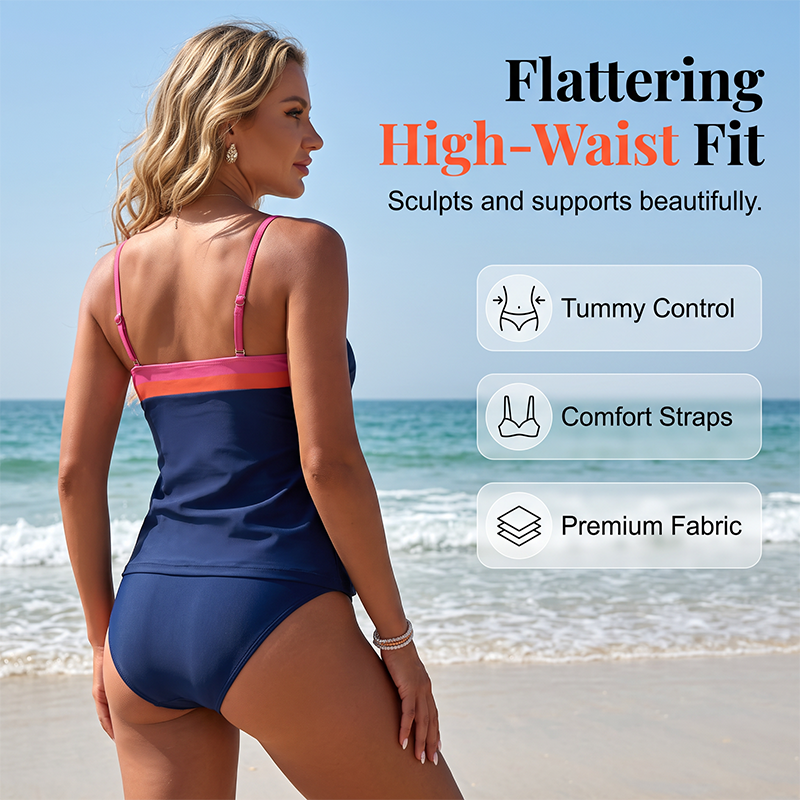👙 50% DE RÉDUCTION ! 🌊 Ensemble Tankini Deux Pièces Femme – Color Block, Taille Haute & Couverture Pudique – Style Moderne et Confortable – Idéal pour la Plage, la Piscine et les Activités Estivales ☀️💙✨
