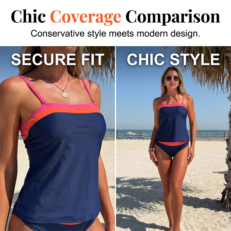 👙 50% DE RÉDUCTION ! 🌊 Ensemble Tankini Deux Pièces Femme – Color Block, Taille Haute & Couverture Pudique – Style Moderne et Confortable – Idéal pour la Plage, la Piscine et les Activités Estivales ☀️💙✨