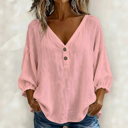 Haut décontracté pour femme, col en V et manches 3/4