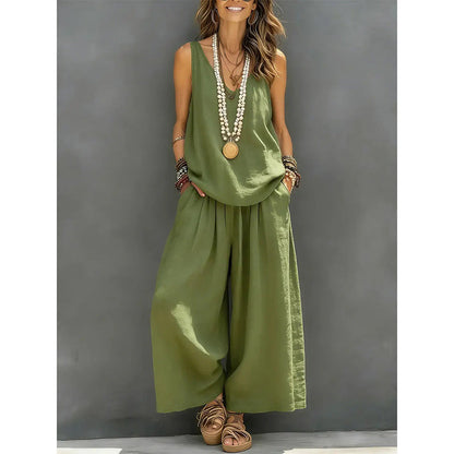🌸Nouveautés et offres spéciales - Ensemble débardeur à col V et pantalon pour femme