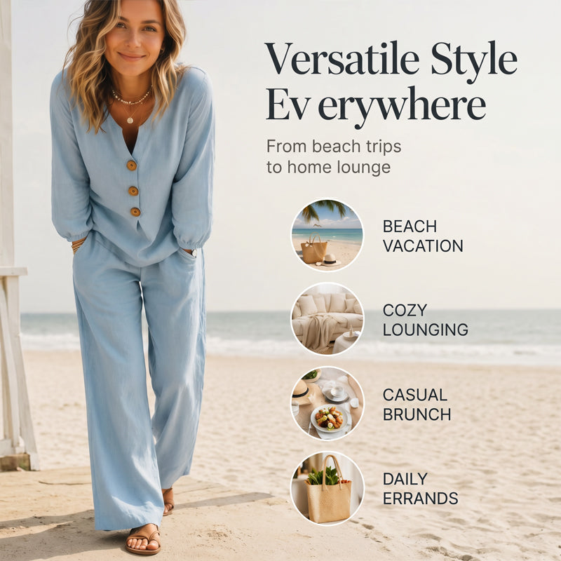 Ensemble composé d'un haut à manches longues et encolure en V et d'un pantalon pour femme