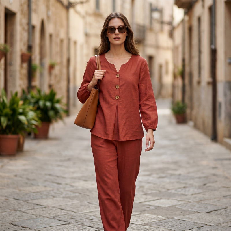 Ensemble composé d'un haut à manches longues et encolure en V et d'un pantalon pour femme