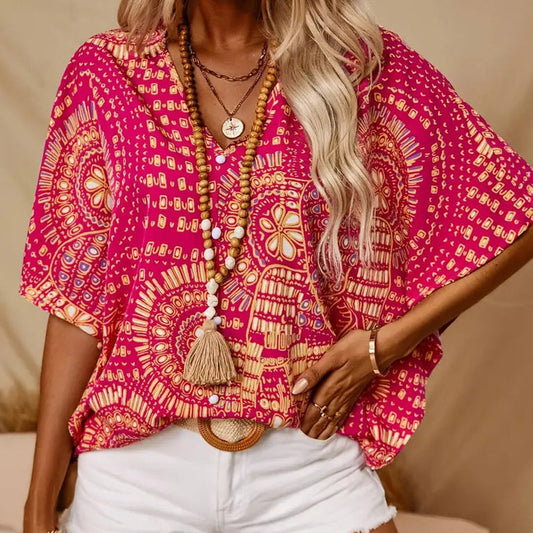 Haut imprimé ample à col en V et manches dolman pour femme, style vacances