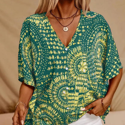 Haut imprimé ample à col en V et manches dolman pour femme, style vacances