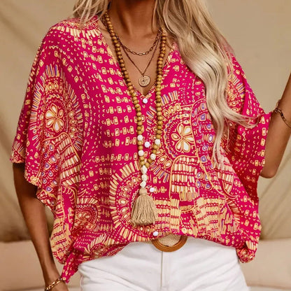 Haut imprimé ample à col en V et manches dolman pour femme, style vacances