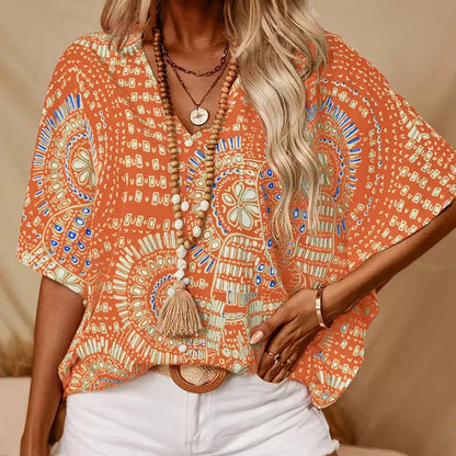 Haut imprimé ample à col en V et manches dolman pour femme, style vacances