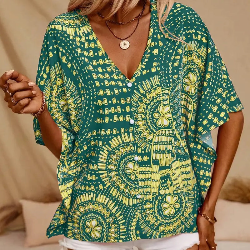 Haut imprimé ample à col en V et manches dolman pour femme, style vacances