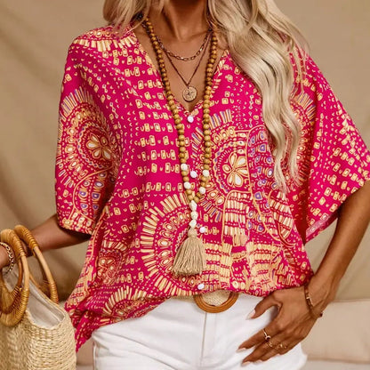 Haut imprimé ample à col en V et manches dolman pour femme, style vacances