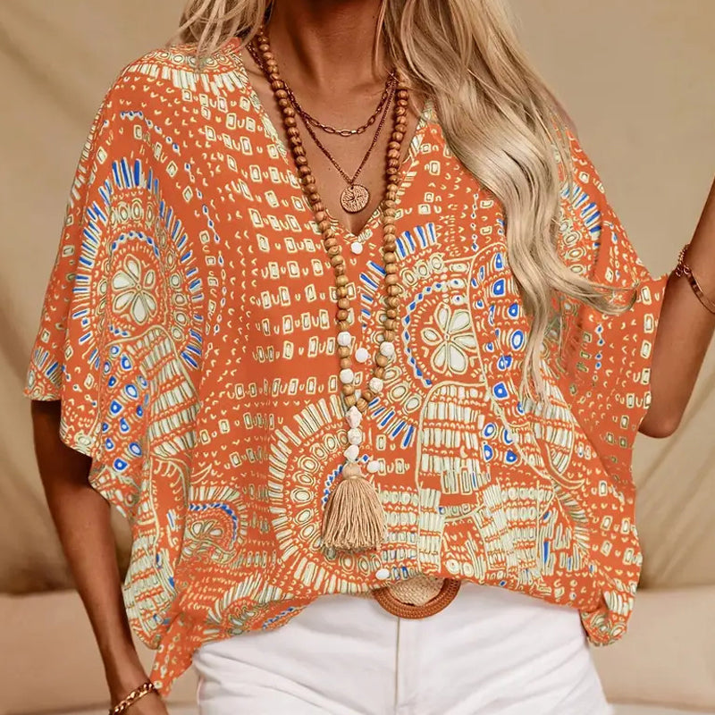 Haut imprimé ample à col en V et manches dolman pour femme, style vacances