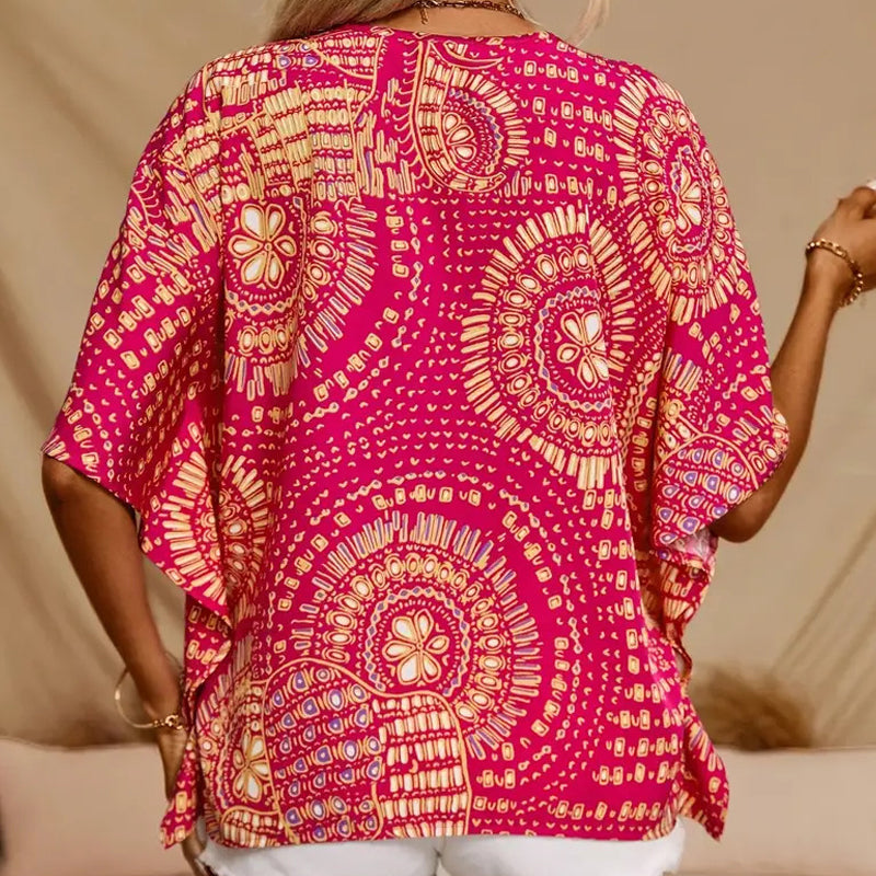 Haut imprimé ample à col en V et manches dolman pour femme, style vacances
