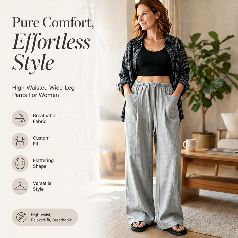 🔥-50%👖 Pantalon Femme Taille Haute à Cordon – Coupe Large Fluide avec Poches