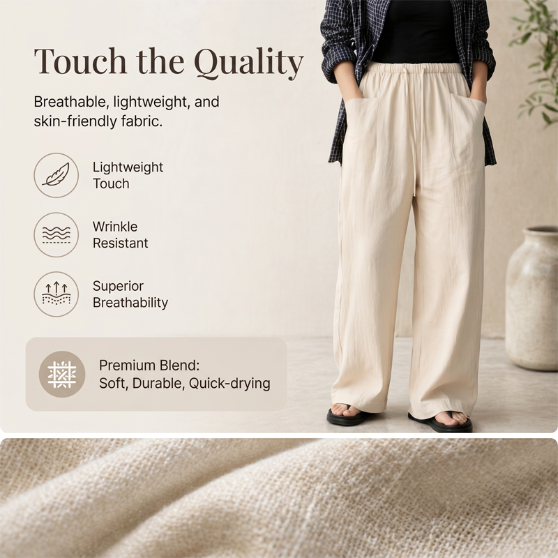 🔥-50%👖 Pantalon Femme Taille Haute à Cordon – Coupe Large Fluide avec Poches