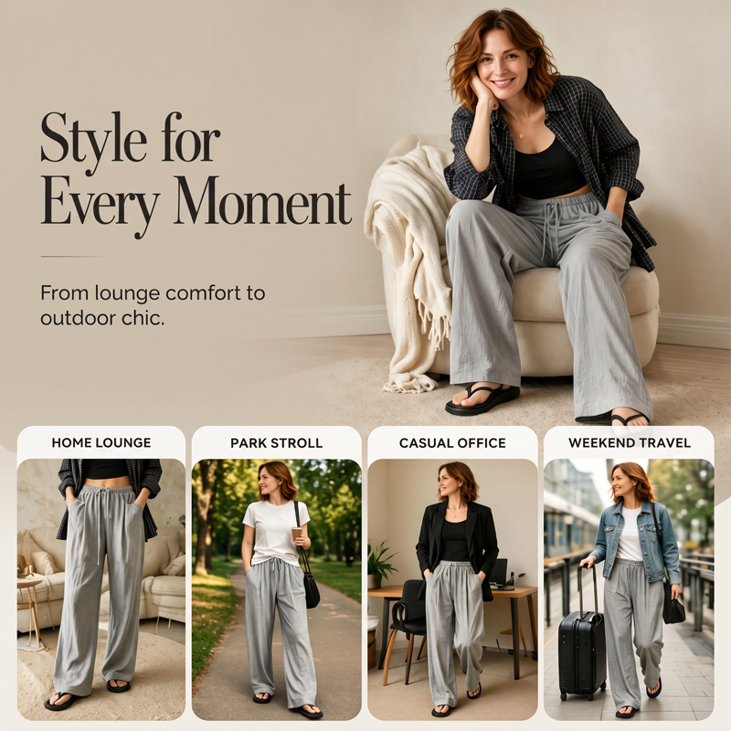 🔥-50%👖 Pantalon Femme Taille Haute à Cordon – Coupe Large Fluide avec Poches