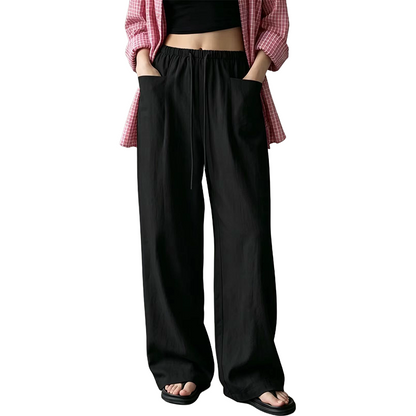 🔥-50%👖 Pantalon Femme Taille Haute à Cordon – Coupe Large Fluide avec Poches