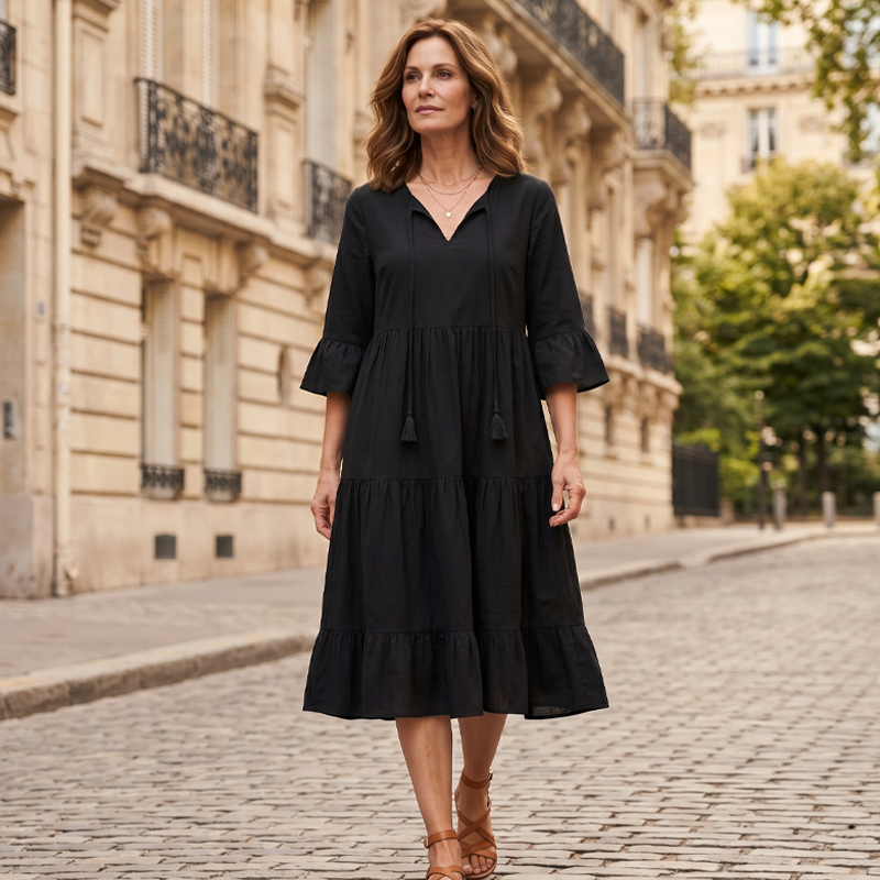 Robe d'été pour femme, coupe trapèze, à volants superposés et pompons