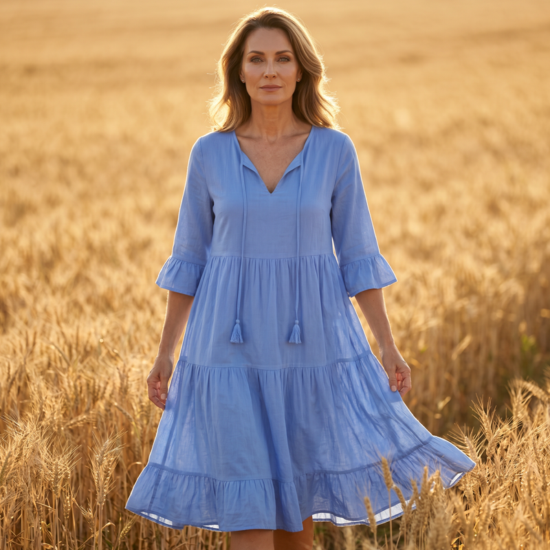 Robe d'été pour femme, coupe trapèze, à volants superposés et pompons