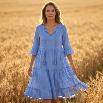 Robe d'été pour femme, coupe trapèze, à volants superposés et pompons