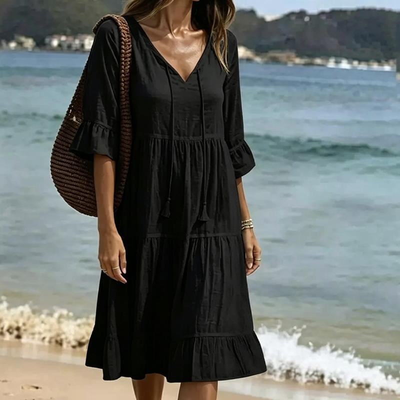 Robe d'été pour femme, coupe trapèze, à volants superposés et pompons