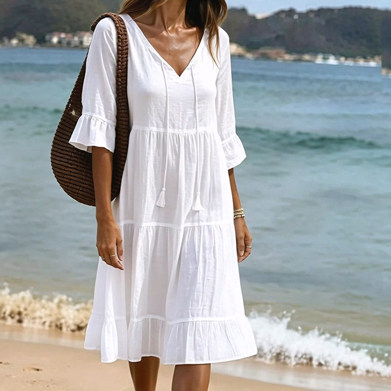 Robe d'été pour femme, coupe trapèze, à volants superposés et pompons