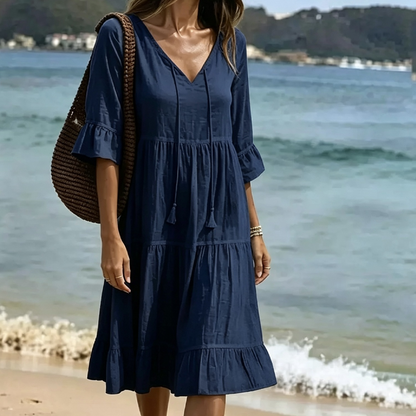 Robe d'été pour femme, coupe trapèze, à volants superposés et pompons