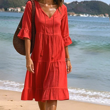Robe d'été pour femme, coupe trapèze, à volants superposés et pompons