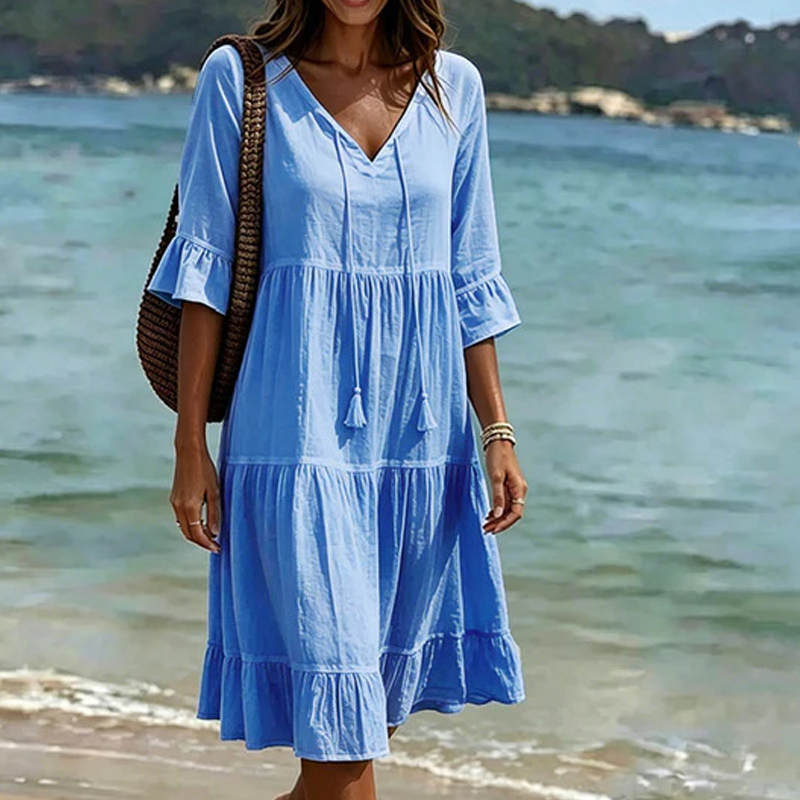 Robe d'été pour femme, coupe trapèze, à volants superposés et pompons