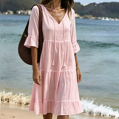 Robe d'été pour femme, coupe trapèze, à volants superposés et pompons