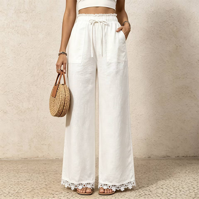 Pantalon pour femme en lin, à jambes larges et bordé de dentelle à l'ourlet