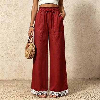 Pantalon pour femme en lin, à jambes larges et bordé de dentelle à l'ourlet