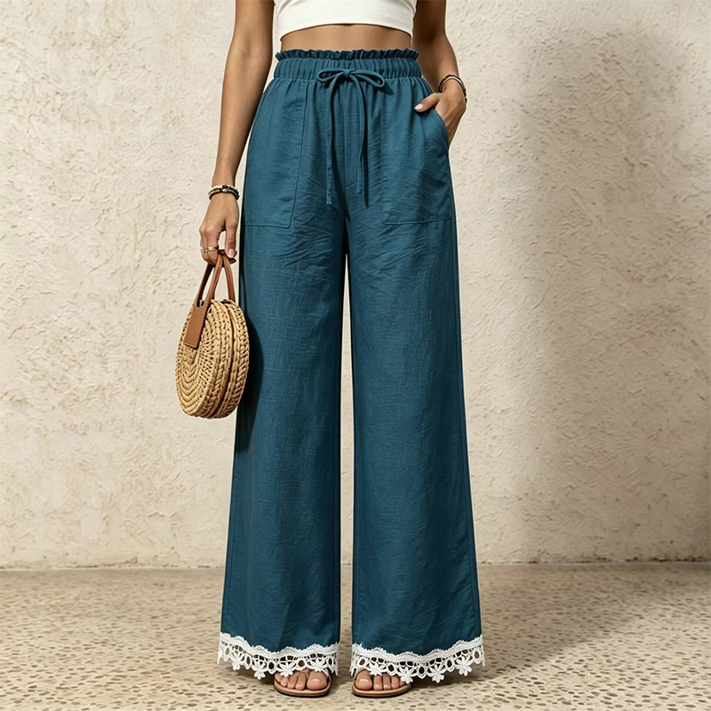 Pantalon pour femme en lin, à jambes larges et bordé de dentelle à l'ourlet