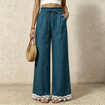 Pantalon pour femme en lin, à jambes larges et bordé de dentelle à l'ourlet