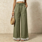 Pantalon pour femme en lin, à jambes larges et bordé de dentelle à l'ourlet