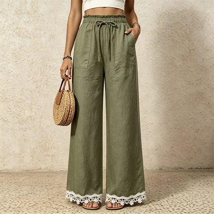 Pantalon pour femme en lin, à jambes larges et bordé de dentelle à l'ourlet