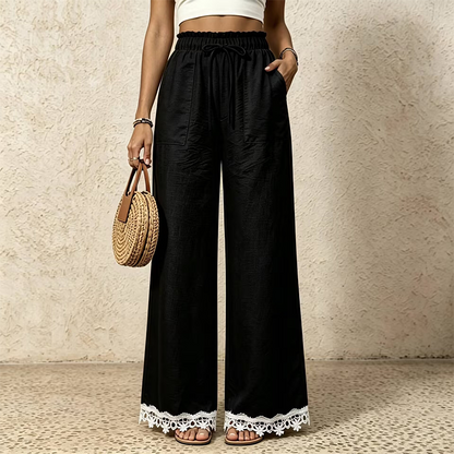 Pantalon pour femme en lin, à jambes larges et bordé de dentelle à l'ourlet