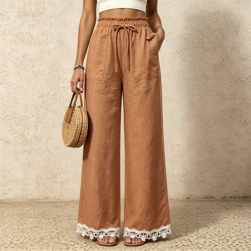 Pantalon pour femme en lin, à jambes larges et bordé de dentelle à l'ourlet
