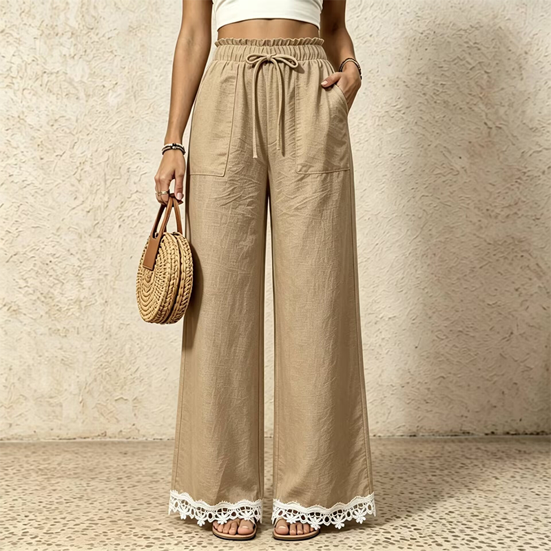 Pantalon pour femme en lin, à jambes larges et bordé de dentelle à l'ourlet