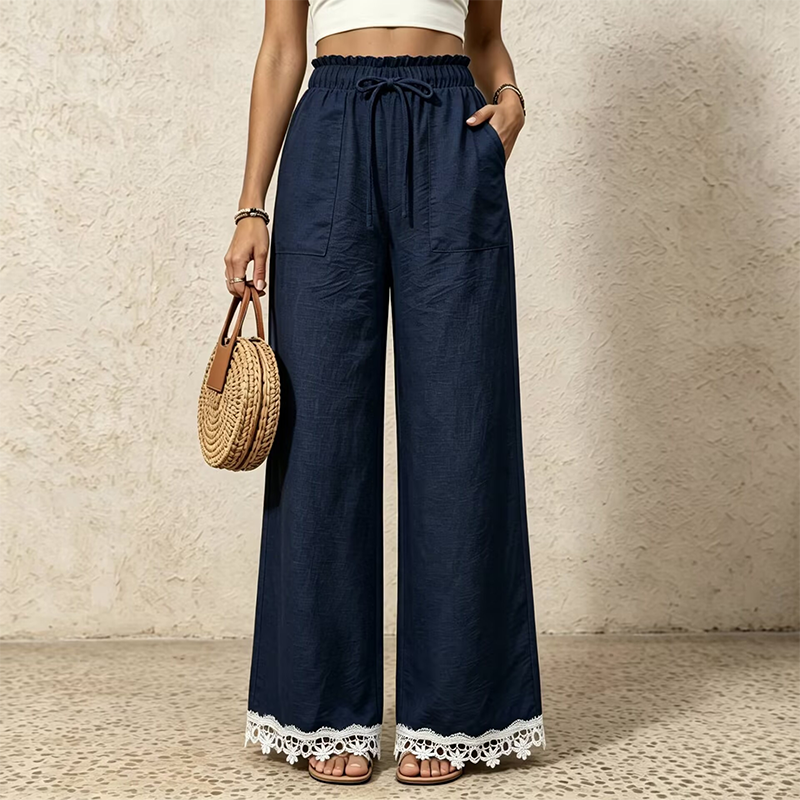 Pantalon pour femme en lin, à jambes larges et bordé de dentelle à l'ourlet