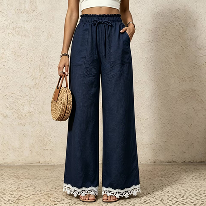 Pantalon pour femme en lin, à jambes larges et bordé de dentelle à l'ourlet