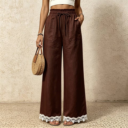 Pantalon pour femme en lin, à jambes larges et bordé de dentelle à l'ourlet