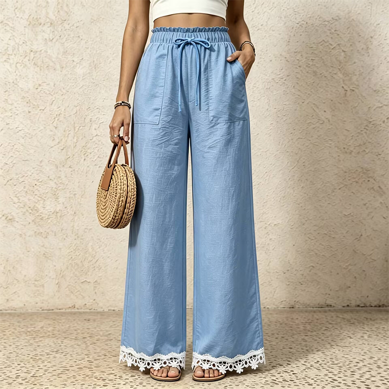 Pantalon pour femme en lin, à jambes larges et bordé de dentelle à l'ourlet