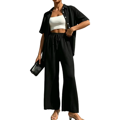 Ensemble composé d'un chemisier à manches courtes et d'un pantalon large pour femme