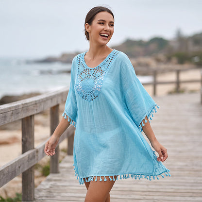 ⌛50 % de réduction le dernier jour – Paréo de plage pour femme en patchwork au crochet avec pompon