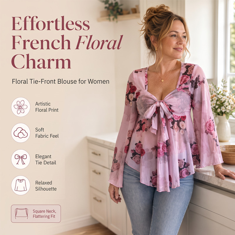 Chemisier femme à imprimé floral, encolure carrée et noué sur le devant