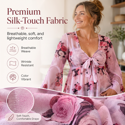 Chemisier femme à imprimé floral, encolure carrée et noué sur le devant