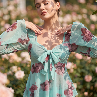 Chemisier femme à imprimé floral, encolure carrée et noué sur le devant