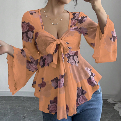 Chemisier femme à imprimé floral, encolure carrée et noué sur le devant