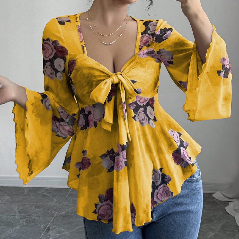 Chemisier femme à imprimé floral, encolure carrée et noué sur le devant