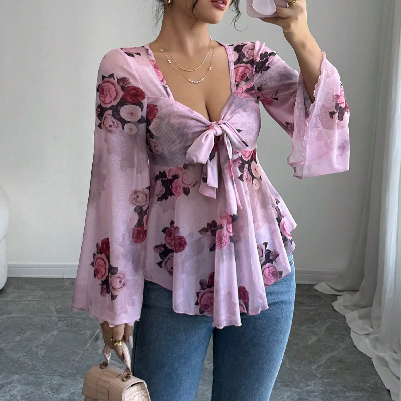 Chemisier femme à imprimé floral, encolure carrée et noué sur le devant