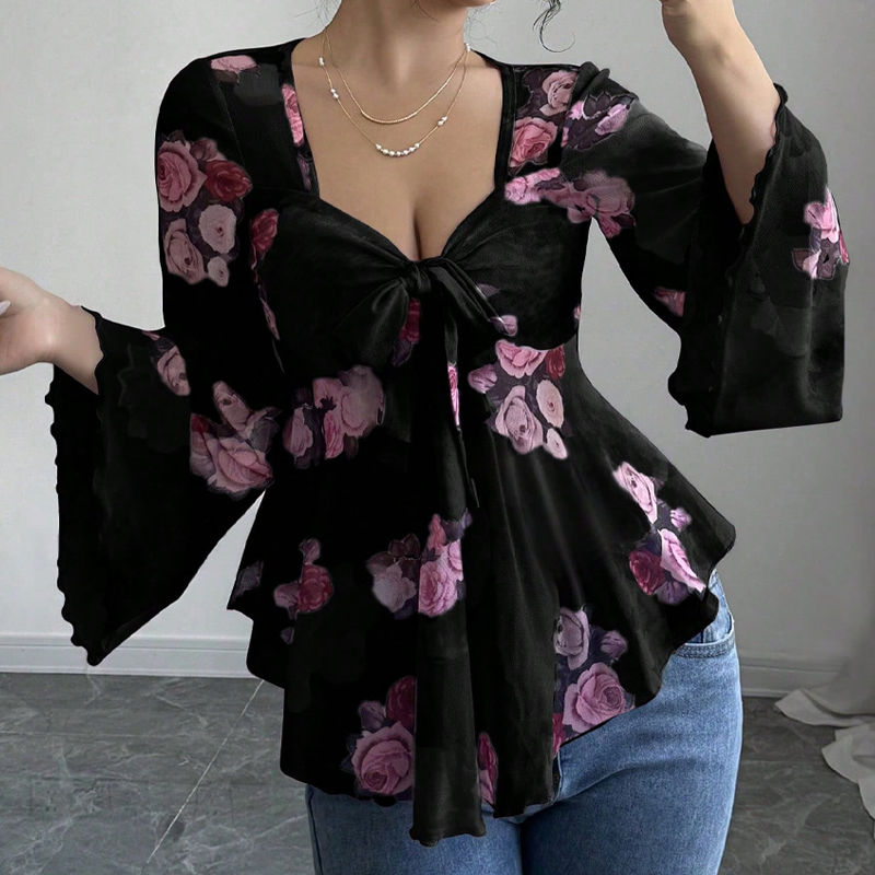 Chemisier femme à imprimé floral, encolure carrée et noué sur le devant