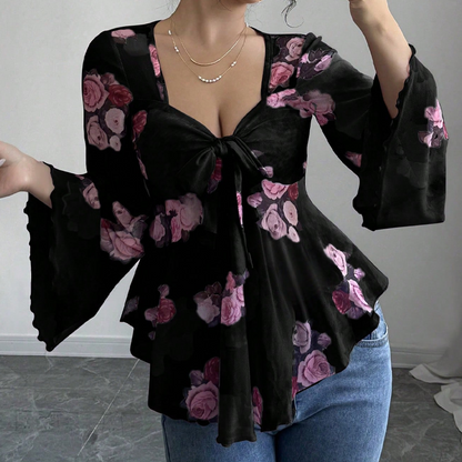 Chemisier femme à imprimé floral, encolure carrée et noué sur le devant